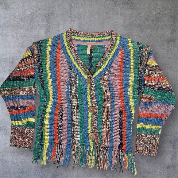 Anthropologie Pilcro Letterpress Fringed Cardigan Sweater Womens M Boho Artsy - Picture 6 of 9